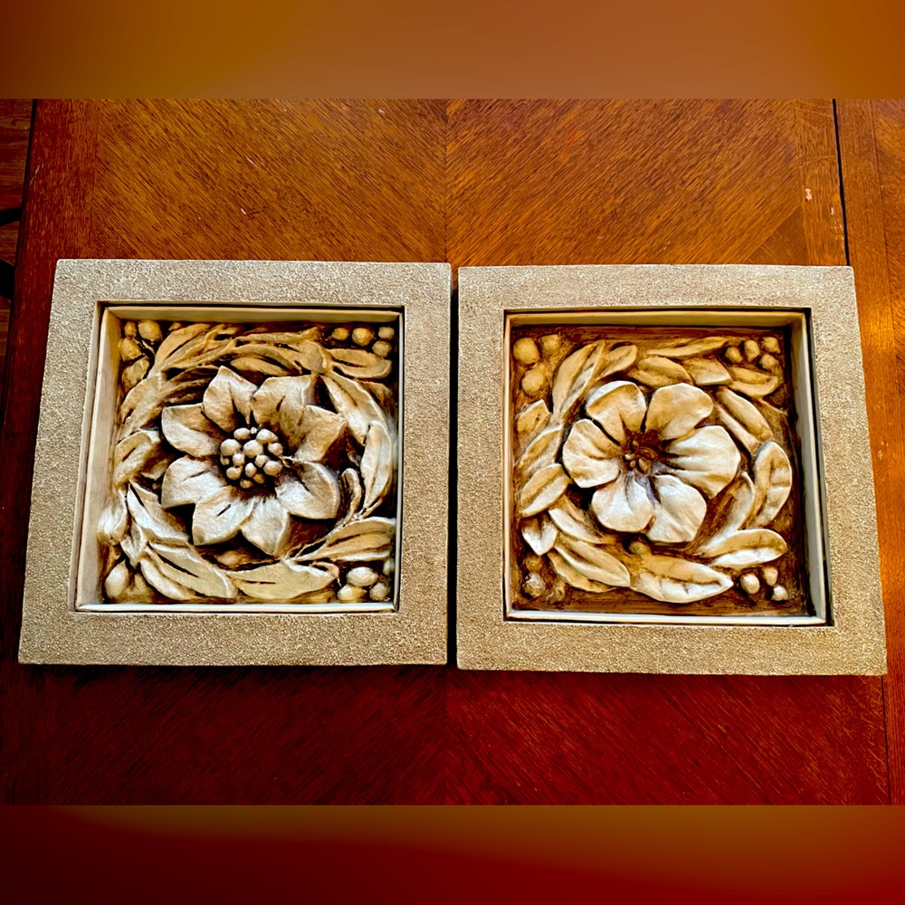 15”x15” 21/2 inch depth. Two decorative floral ceramic wall decoration.